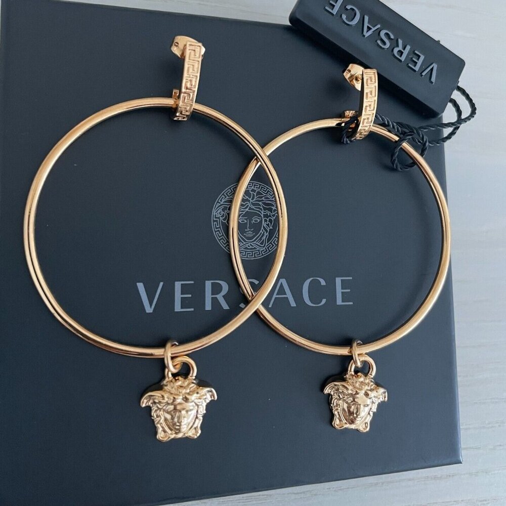 New Versace Gold Medusa Hoop Drop Earrings, $795 Boutique Price